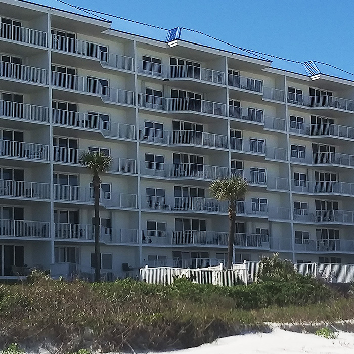 view of the balconies from the beach
